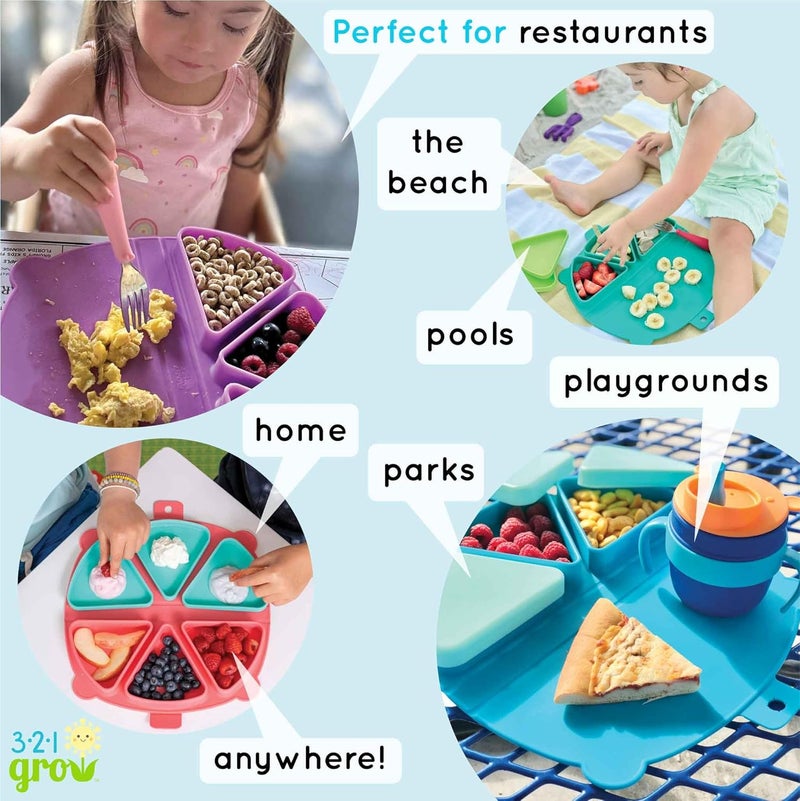 321 Grow Silicone On-The-Go Snack Mat – Foldable Reusable Placemat with 3 Compartments and Lids – Travel-Friendly Baby and Toddler Snack Plate – Dishwasher Safe (Aqua) - Image 5